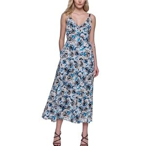 NWT Karl Lagerfeld Women's Blue Floral-print Lace-up Midi Dress